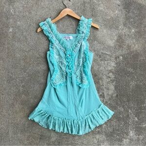 Y2K Pretty Angel Baby Doll Cami Butterfly Lace Rhinestones Silk L Large Ruffles